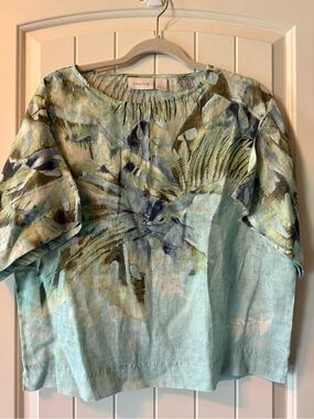 Chico's Aqua and Green Botanical Boxy Shory Sleeve Linen Top NWOT